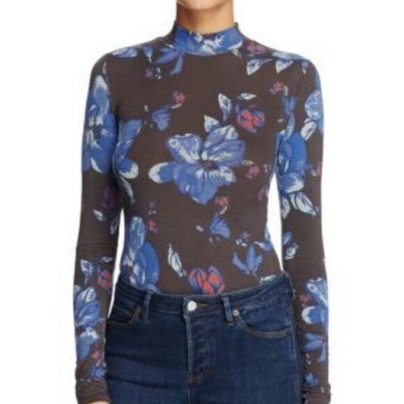 Free People Tops - Free People Mock Turtleneck Dark Gray Floral W/ Button Up Back Stretchy Size S